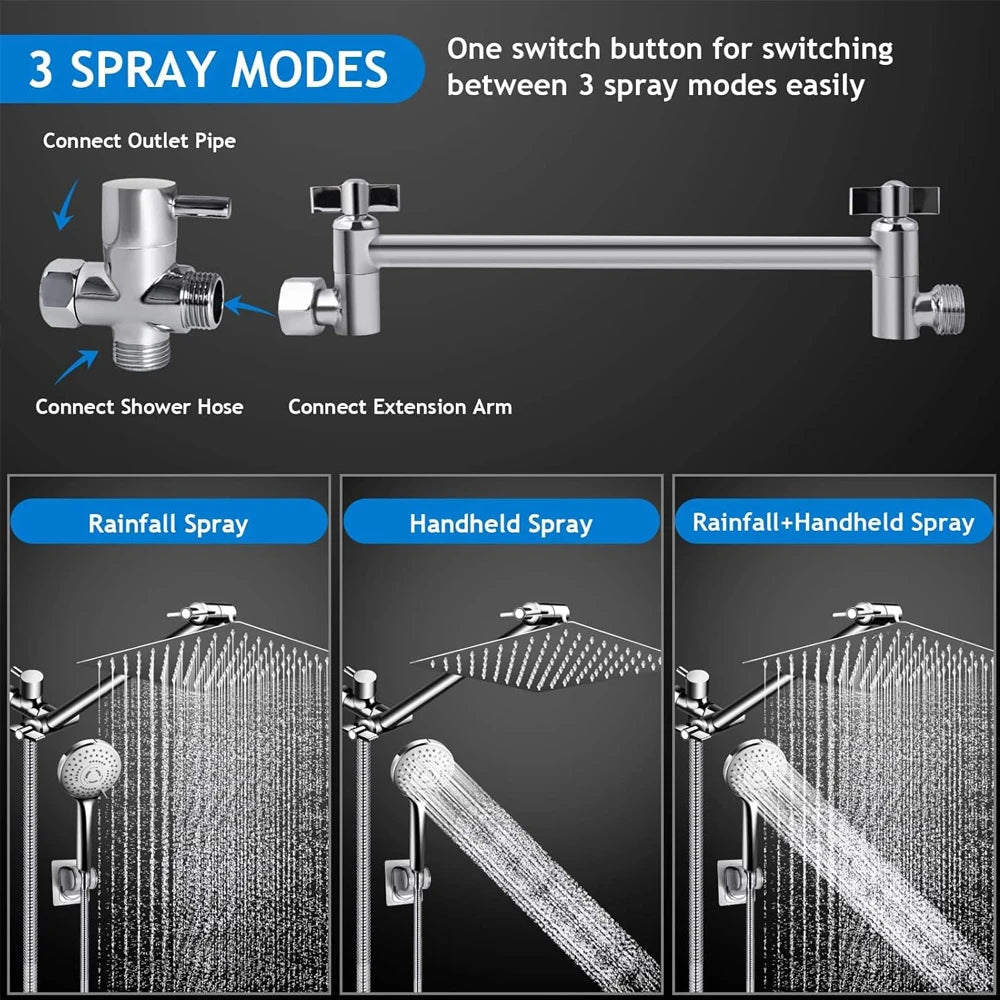 8-12Inch High Pressure Rain Shower Head with Adjustable Extension Arm With 3-way Handheld Shower Spray