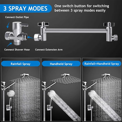 8-12Inch High Pressure Rain Shower Head with Adjustable Extension Arm With 3-way Handheld Shower Spray