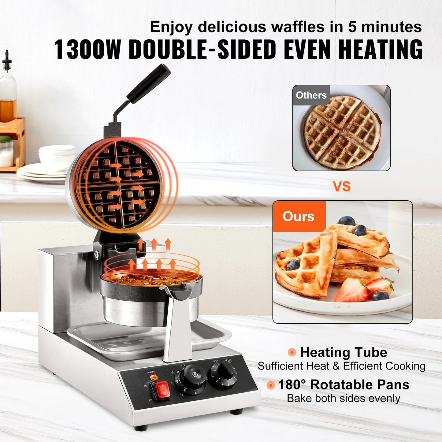 Electric Stainless Steel Round Waffle Non-Stick Waffle maker Machine Teflon-Coated Baking Pans