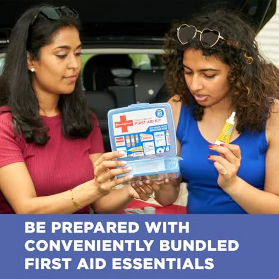 Band-Aid Travel Ready Portable Emergency First Aid Kit for Minor Wound Care with Assorted Adhesive Bandages Gauze.