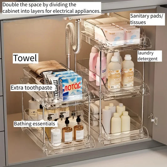 Pull-Out Under Sink Organizer with Shelf, Heavy-Duty Bathroom Storage Rack  No Tools Needed for Easy Installation, Clear Shelves