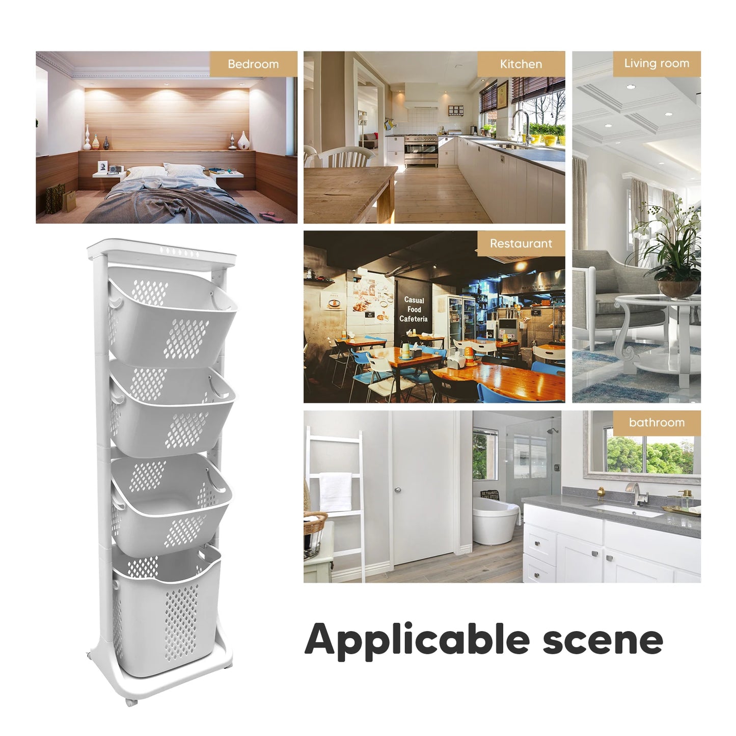 2/4 Tier Laundry Basket Cart Removable Storage Buckets Plastic Hamper with 4 Wheels White