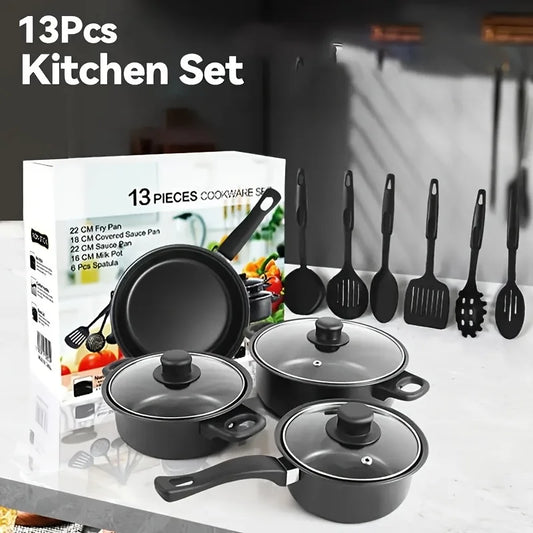 13-Piece Nonstick Cookware Set - Induction Compatible Pot Pan Set with Frying Pan & Utensils for Kitchen & Camping