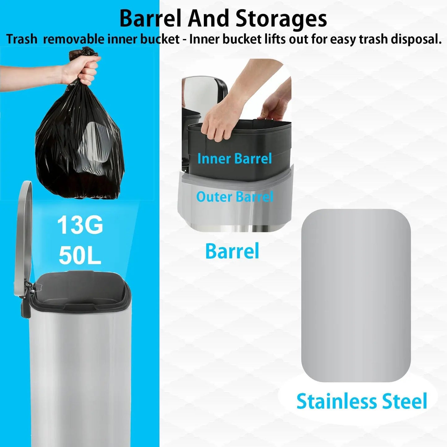 13 Gallon (50L) Stainless Steel Home Recycling Bin and Lid Removable Inner Bucket